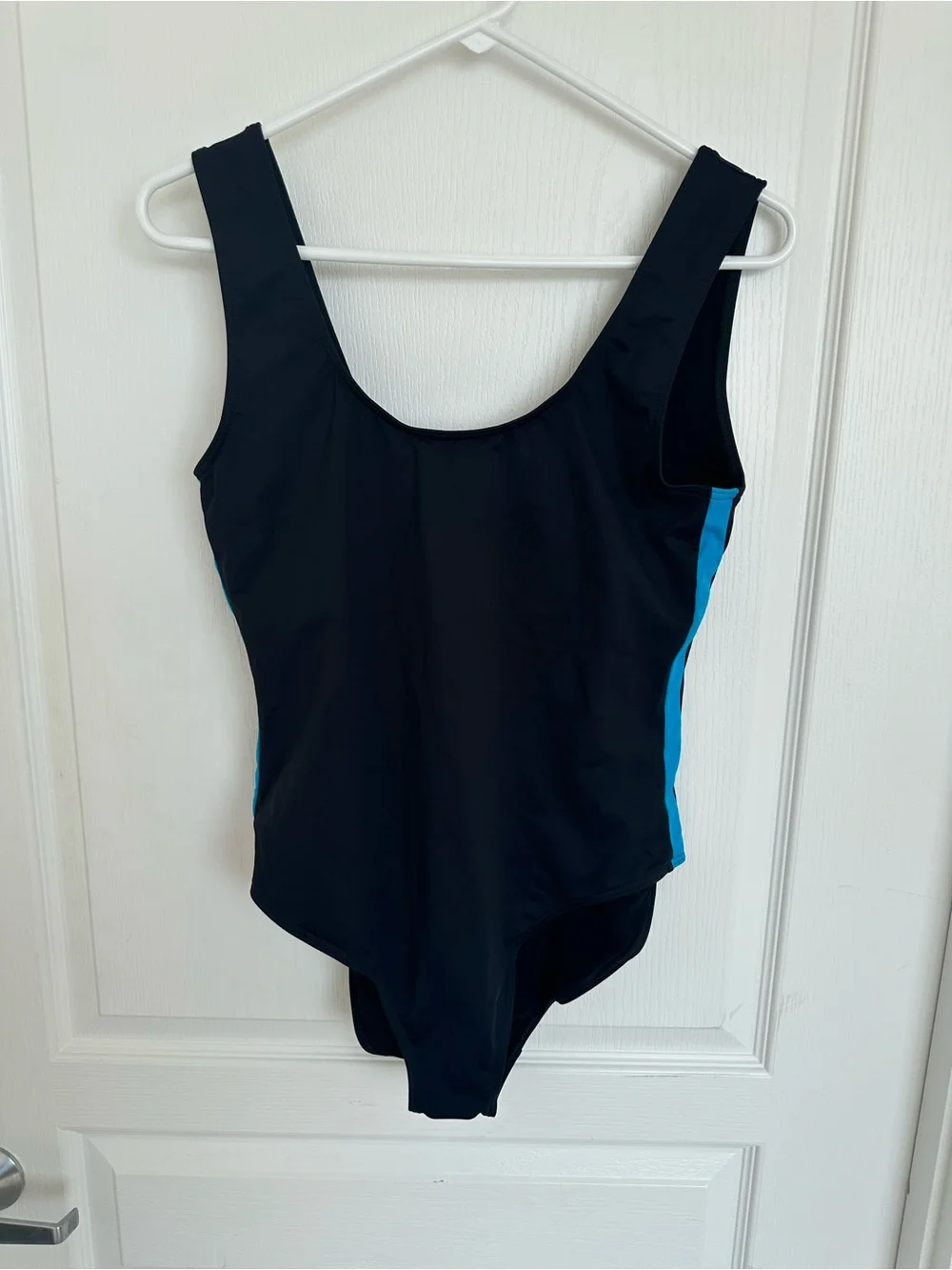 Women’s Black One-Piece Swimsuit with Blue Side Panels Size 10
